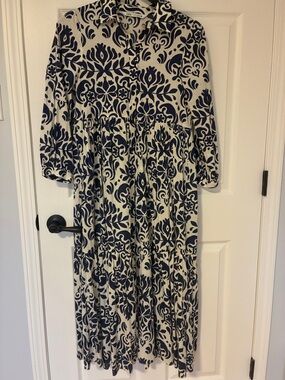 Zara Navy and Cream Tropical Printed ResortWear Dress